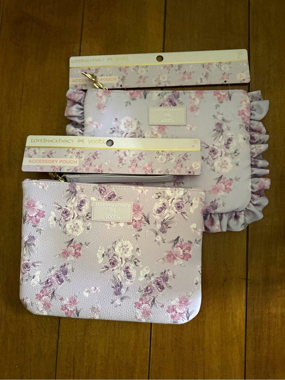 LoveShackFancy Floral Accessory Pouch Set in Light Lavender and Pink